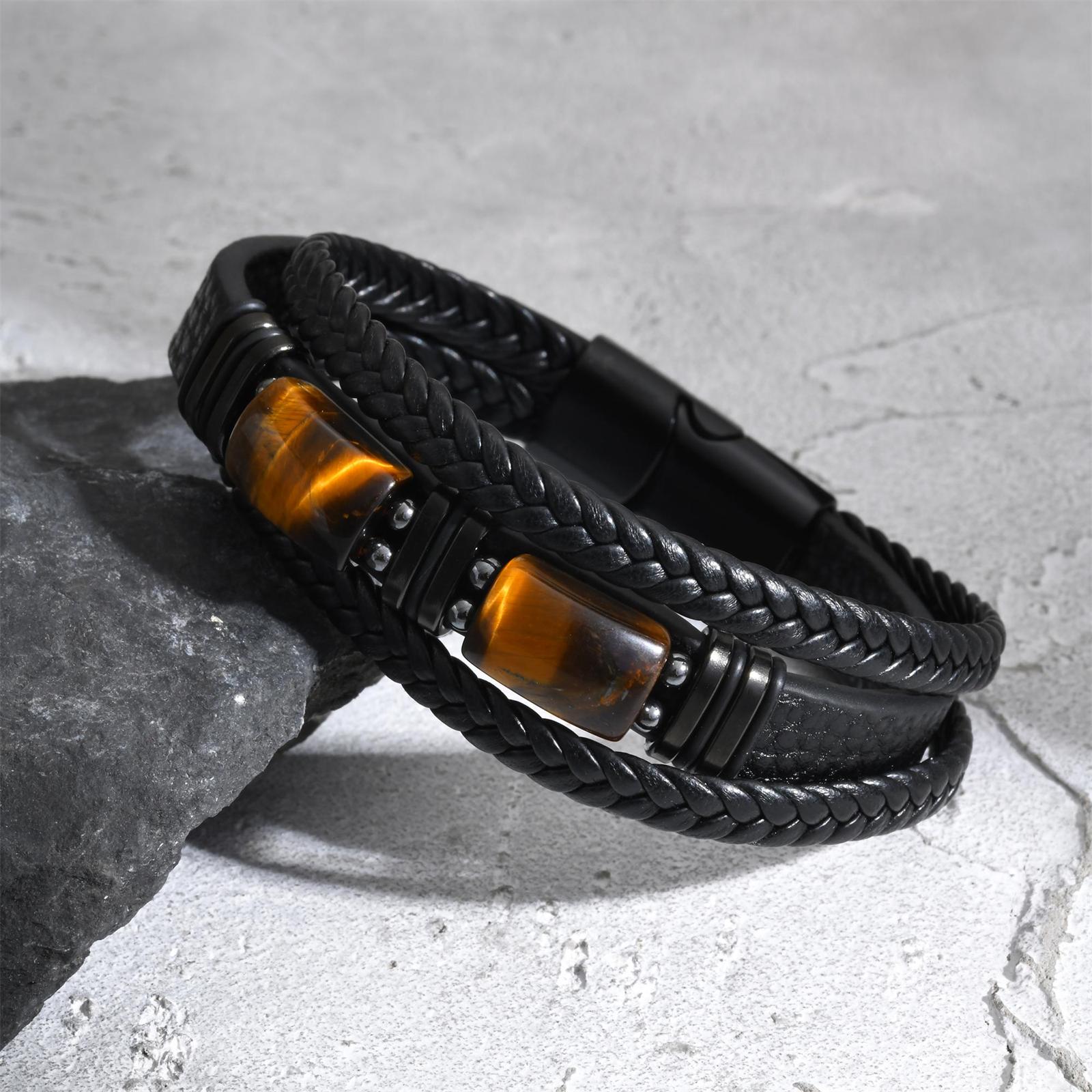 Leatherwork Jewelry - Men Braided Leather Bangle Tiger Eye