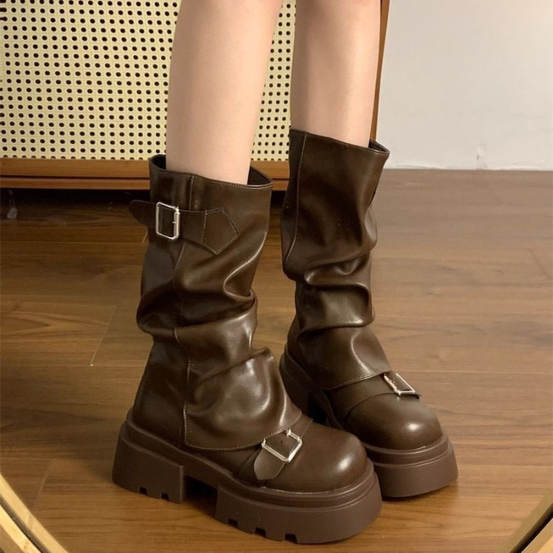 Women Punk Mid Calf Boots Autu - Belt Buckle Blank recension och pris